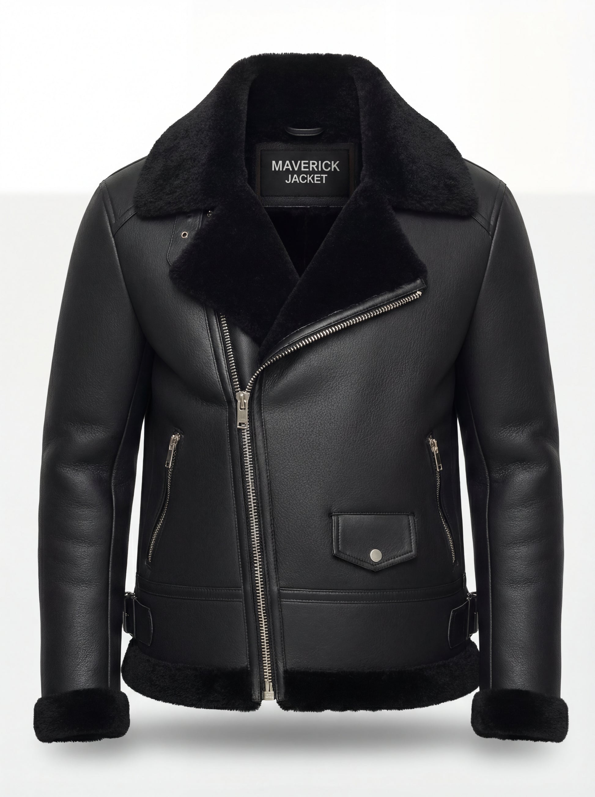 Women's black leather aviator jacket with black shearling lapels and asymmetric silver zipper, Front View. Maverick Nova.