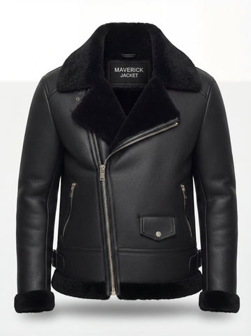 Women's black leather aviator jacket with black shearling lapels and asymmetric silver zipper, Front View. Maverick Nova.