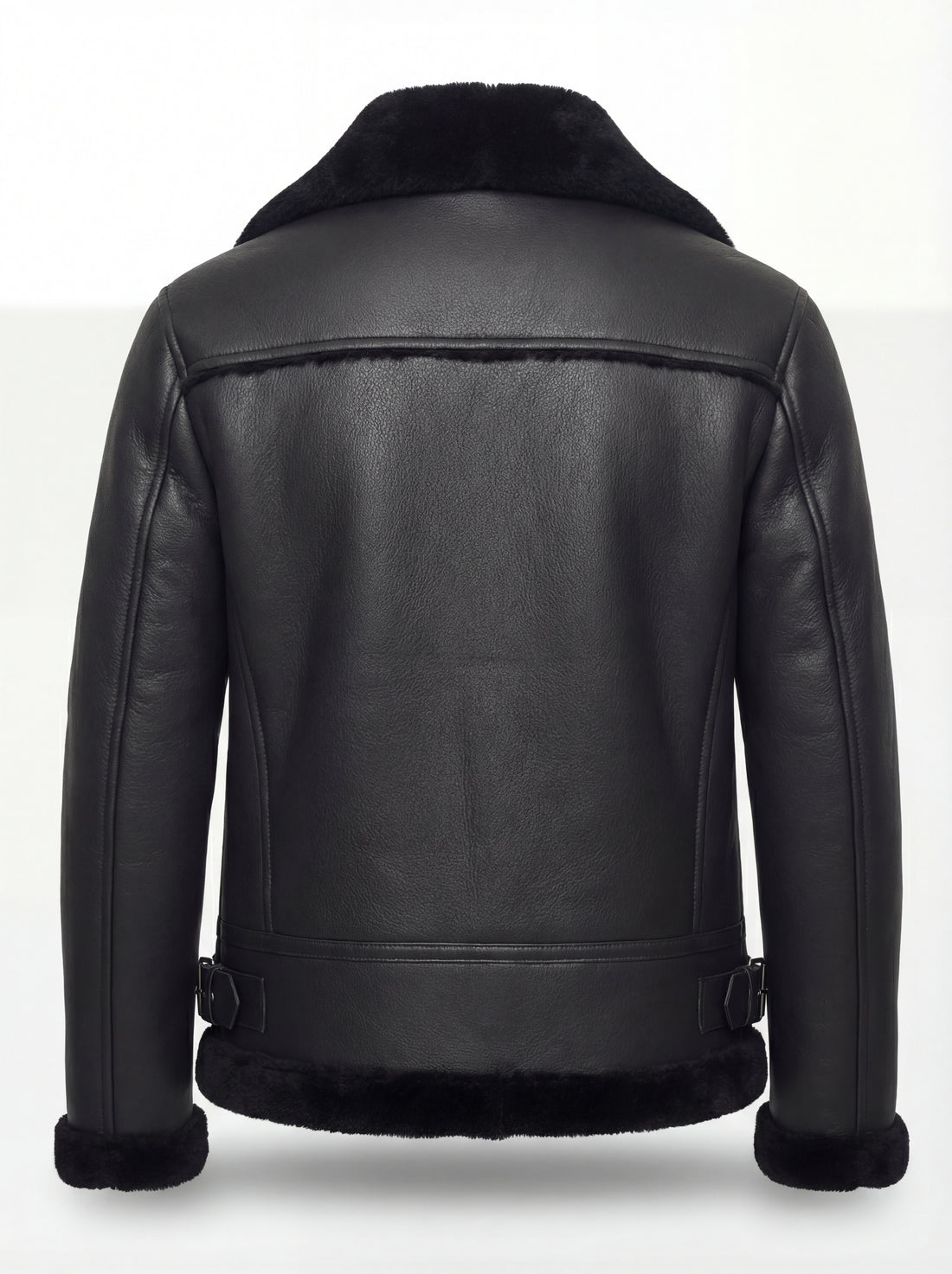 Women's black leather aviator jacket with black shearling lapels and asymmetric silver zipper, Front View. Maverick Nova.