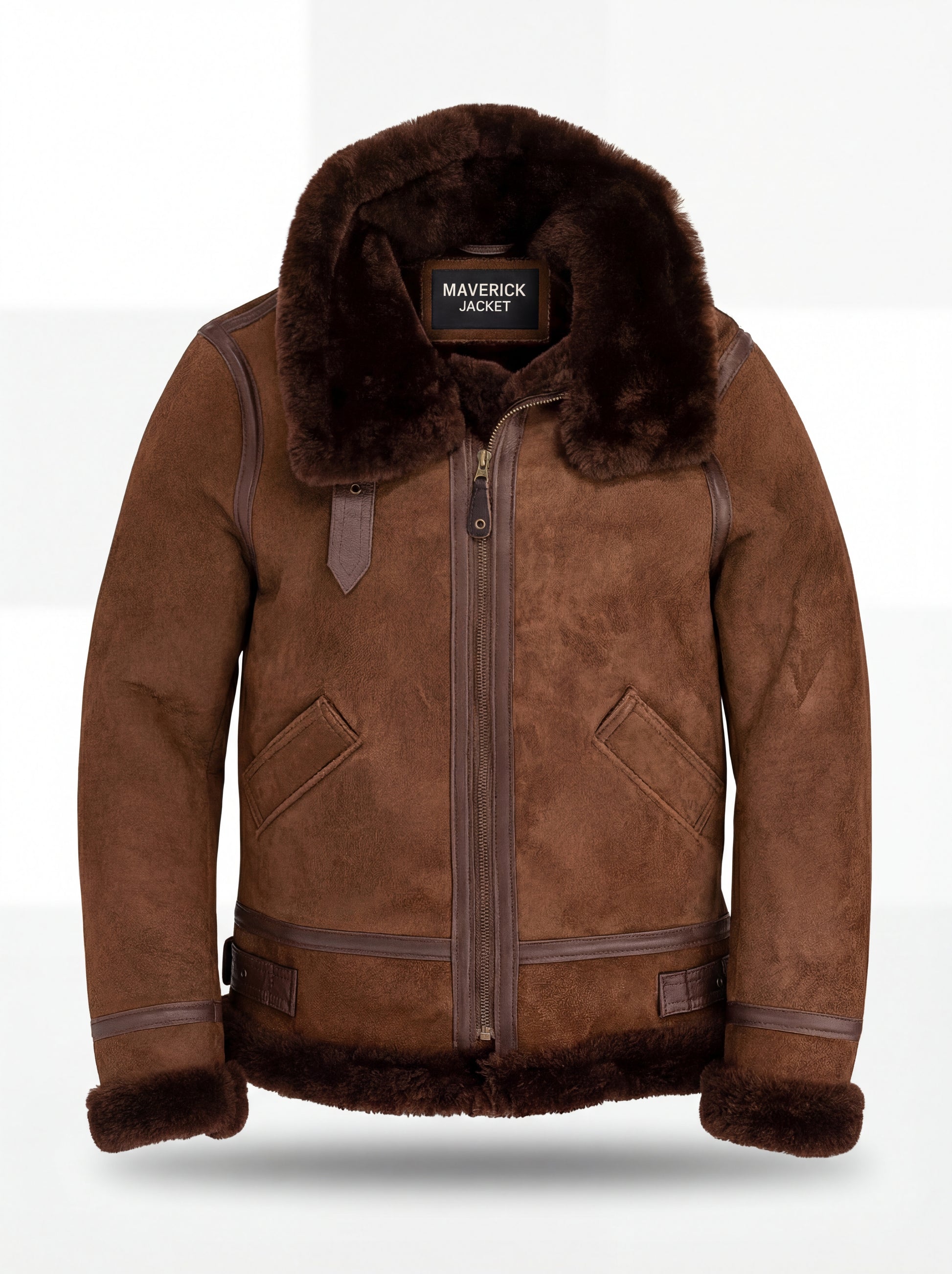 Women's brown suede shearling aviator jacket with dark brown fur collar and leather tape trim, Front View. The Eliza by Maverick Jacket.