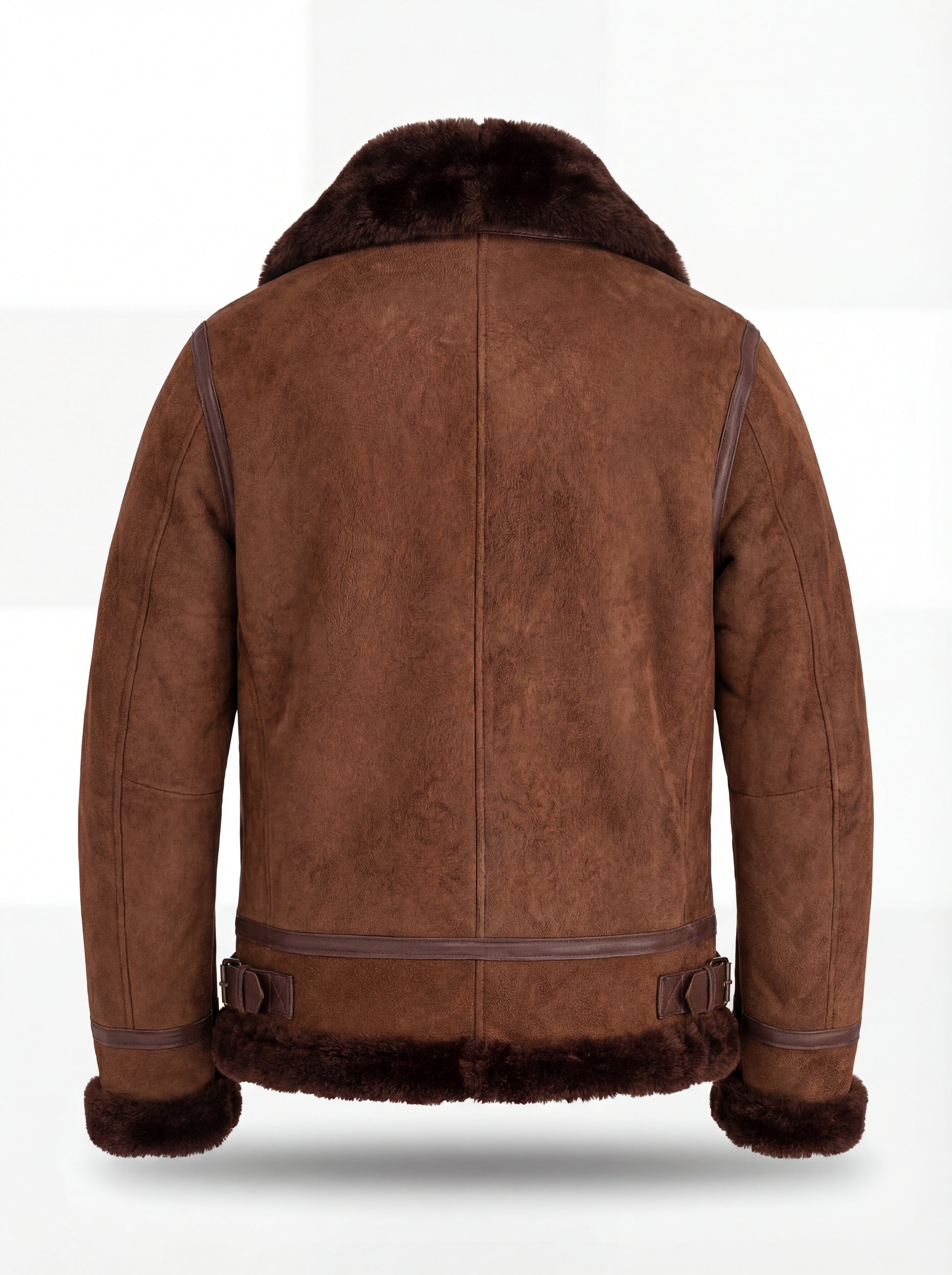 Rear view of brown suede shearling aviator jacket showing vertical center seam and leather waist adjusters. The Eliza by Maverick Jacket.