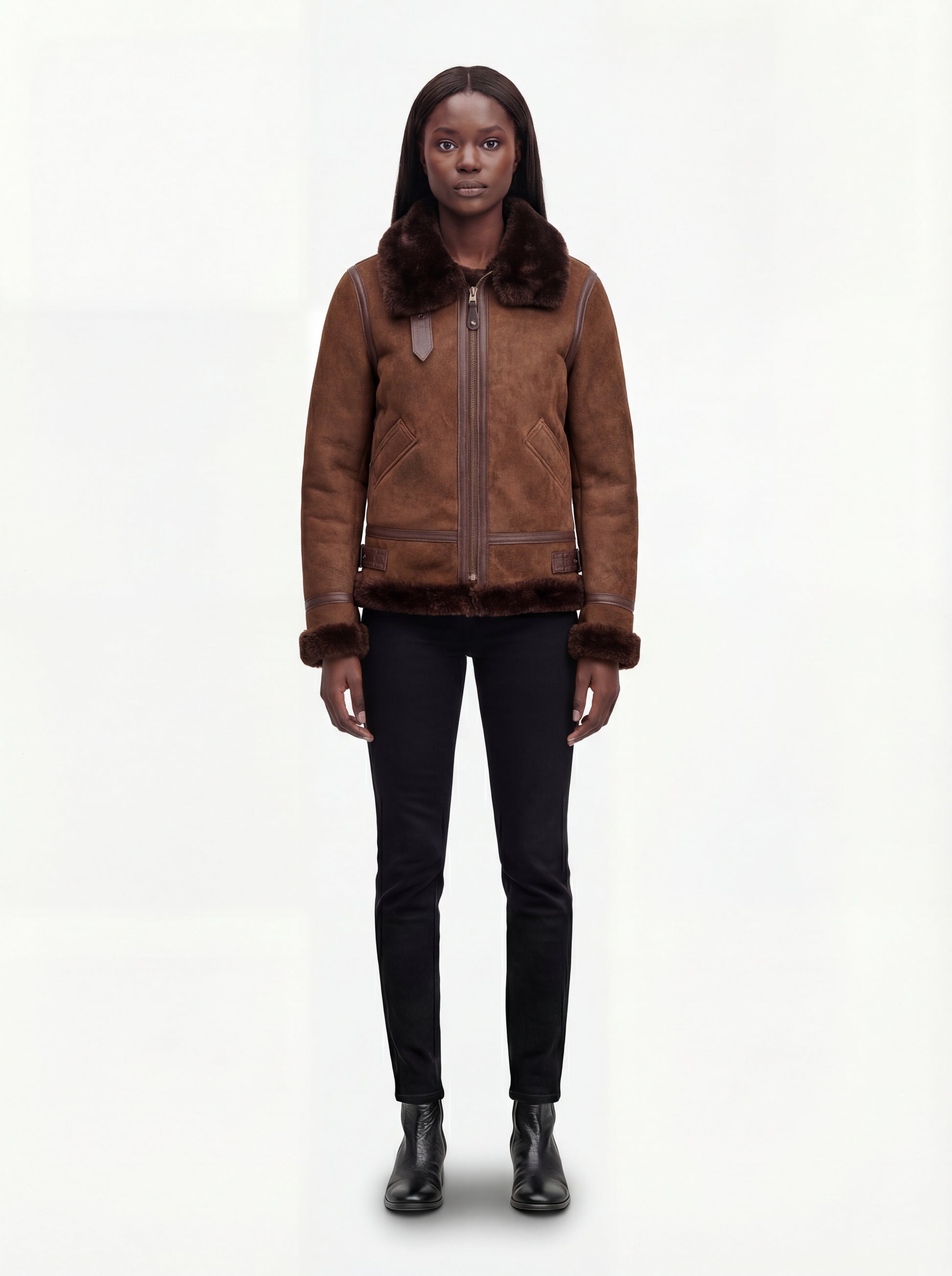 Female model wearing Maverick Eliza aviator jacket, regular fit, styled with black skinny jeans and leather ankle boots. Maverick Jacket.