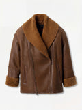 Women's brown leather shearling jacket with asymmetric zipper and decorative whipstitch seams, Front View. Maverick Greta.