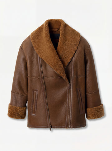 Women's brown leather shearling jacket with asymmetric zipper and decorative whipstitch seams, Front View. Maverick Greta.