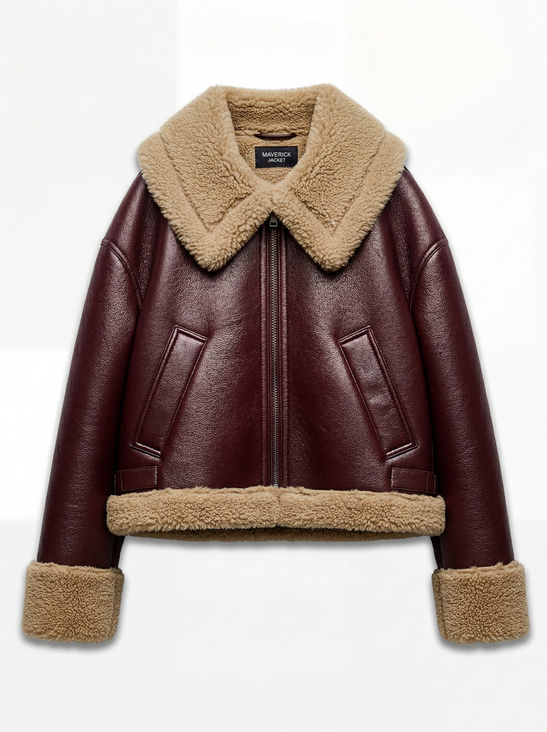 Women's burgundy leather shearling jacket with oversized beige fur collar and cuffs, Front View. Maverick Faye.