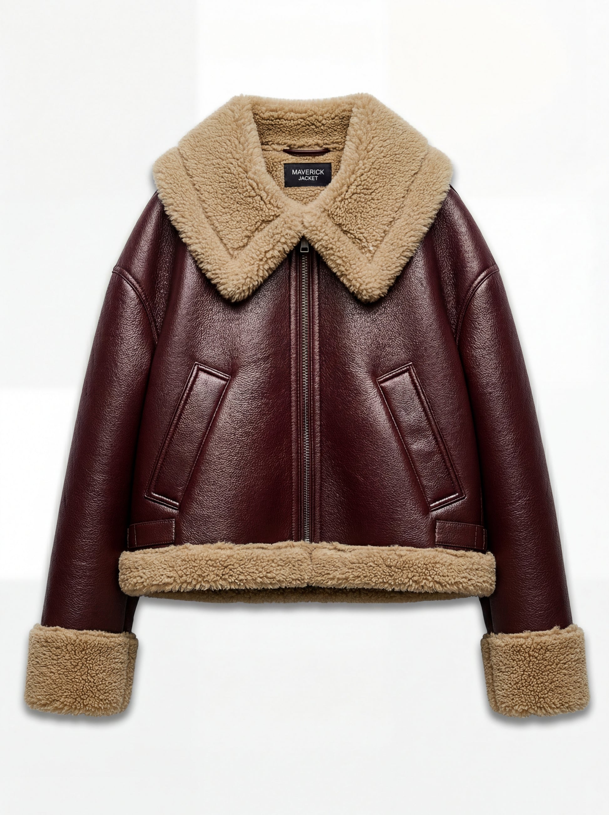 Women's burgundy leather shearling jacket with oversized beige fur collar and cuffs, Front View. Maverick Faye.