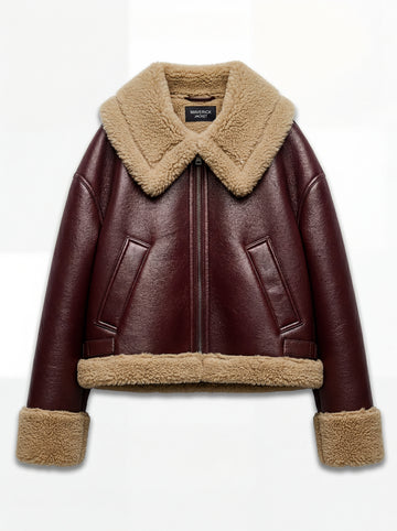 Women's burgundy leather shearling jacket with oversized beige fur collar and cuffs, Front View. Maverick Faye.