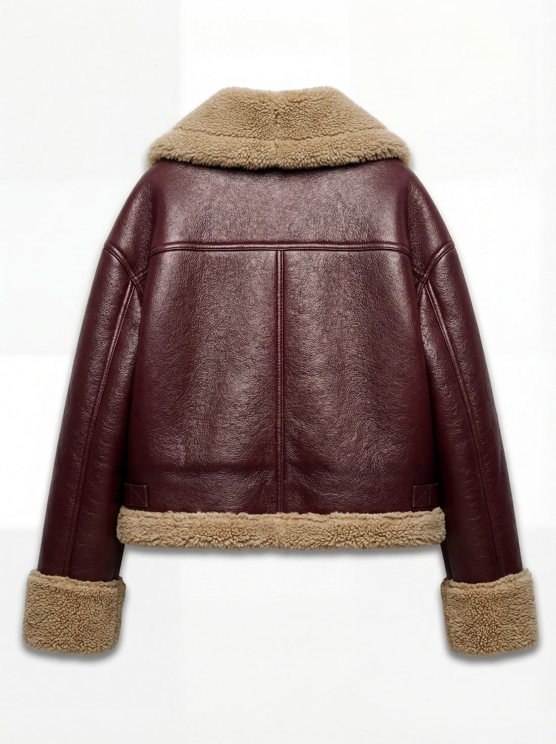 Women's burgundy leather shearling jacket with oversized beige fur collar and cuffs, Front View. Maverick Faye.