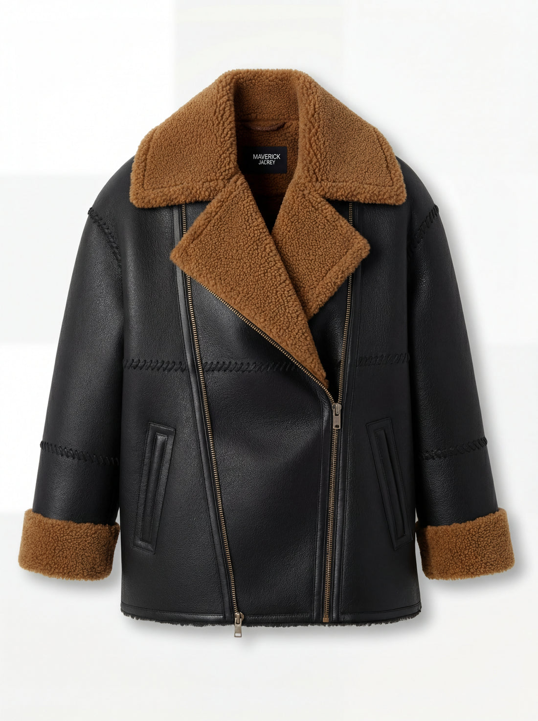 Women's black and tan shearling jacket with braided whipstitch detailing and asymmetric zipper closure, Front View. Maverick Noa.
