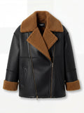 Women's black and tan shearling jacket with braided whipstitch detailing and asymmetric zipper closure, Front View. Maverick Noa.