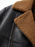 Macro shot of tan shearling texture and decorative braided leather stitching on jacket. Maverick Noa.