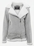 Women's grey suede shearling biker jacket with white fur collar and belted hem, Front View. The Selene by Maverick Jacket.