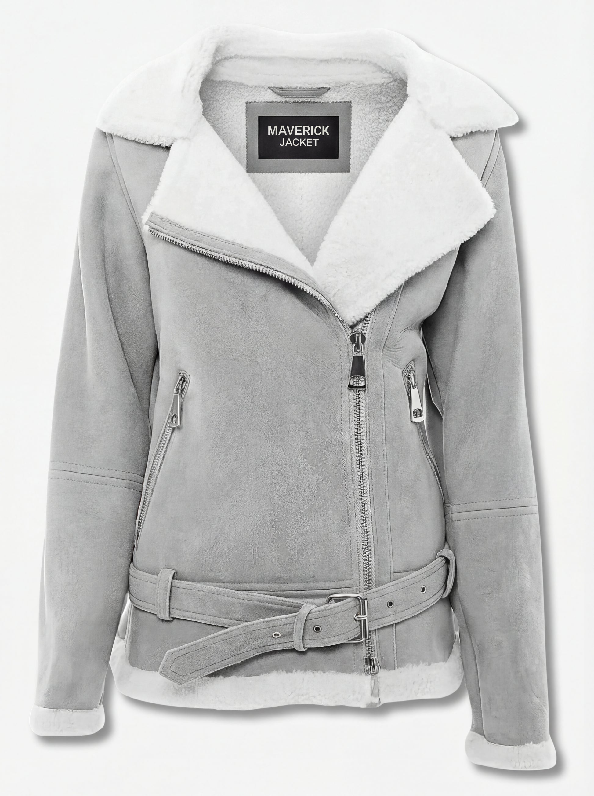 Women's grey suede shearling biker jacket with white fur collar and belted hem, Front View. The Selene by Maverick Jacket.