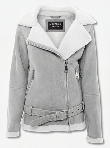 Women's grey suede shearling biker jacket with white fur collar and belted hem, Front View. The Selene by Maverick Jacket.