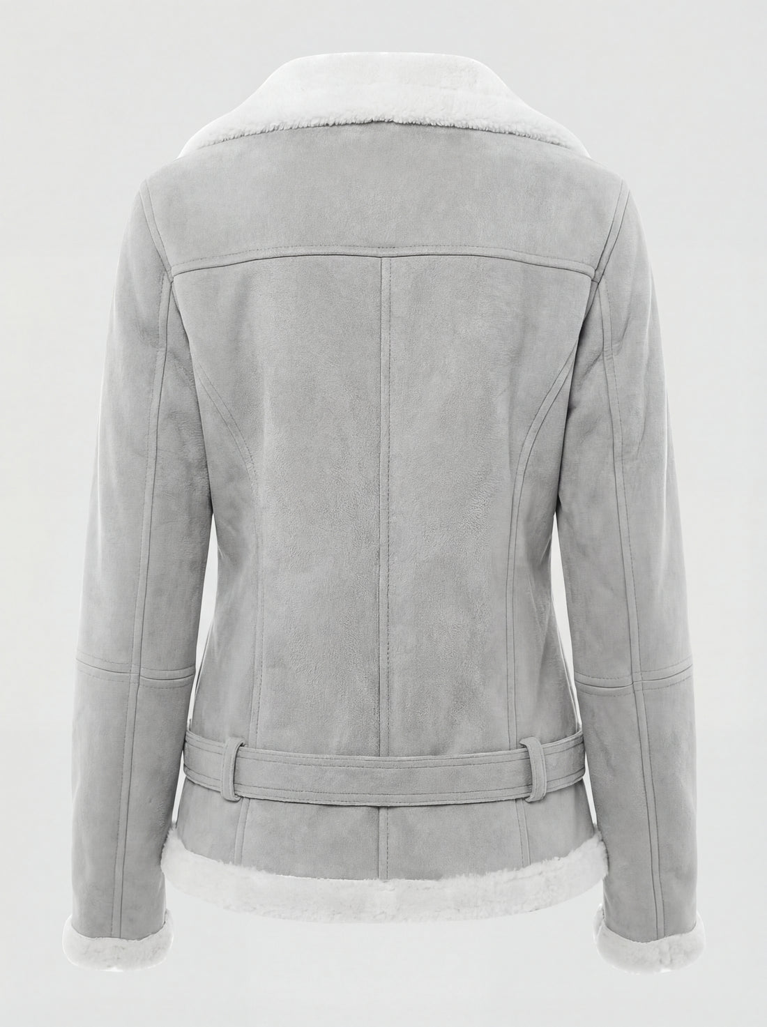 Women's grey suede shearling biker jacket with white fur collar and belted hem, Front View. The Selene by Maverick Jacket.