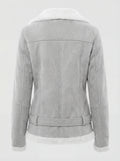 Rear view of grey suede shearling biker jacket showing vertical center seam and structured back paneling. The Selene by Maverick Jacket.