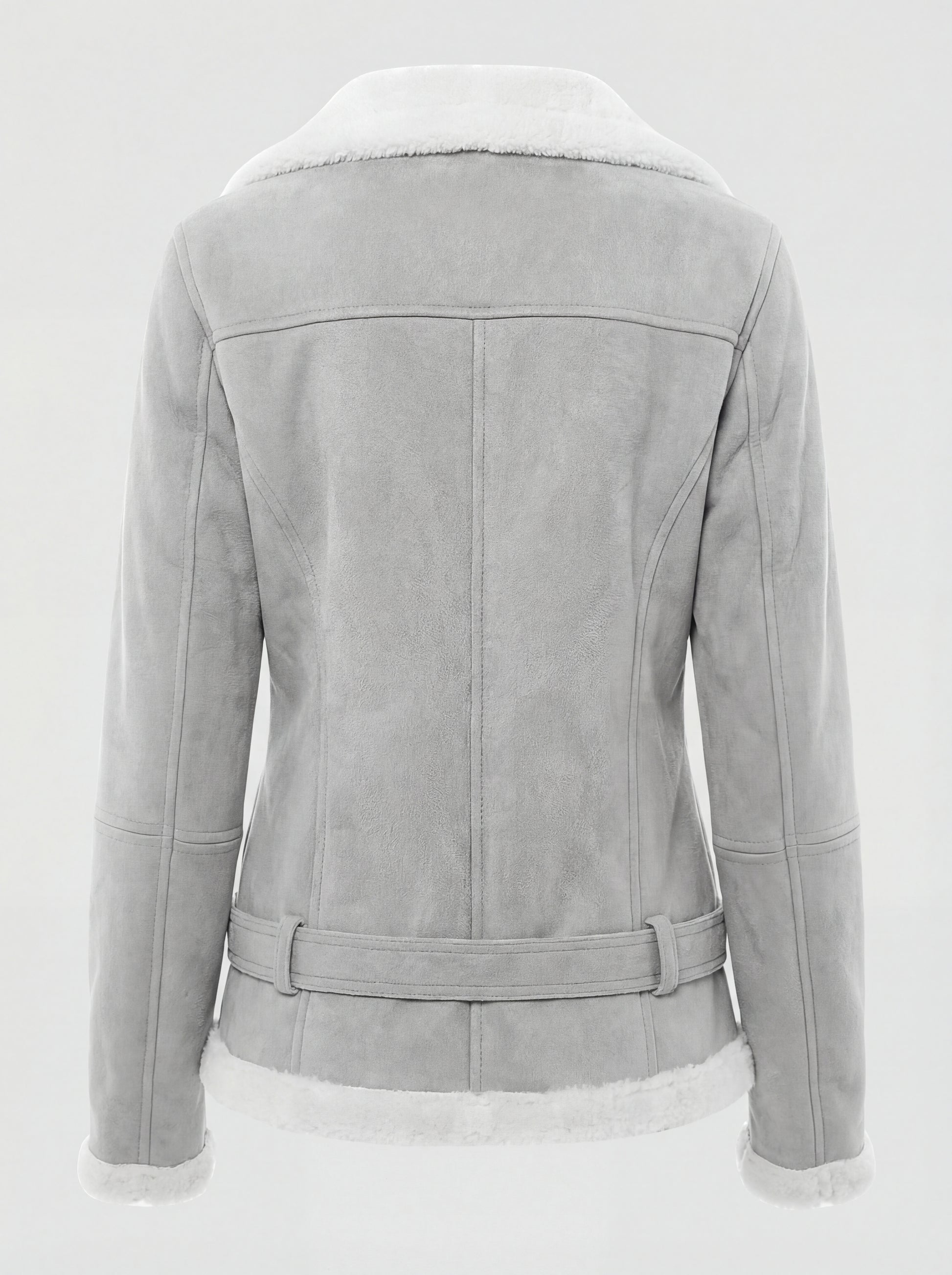 Rear view of grey suede shearling biker jacket showing vertical center seam and structured back paneling. The Selene by Maverick Jacket.