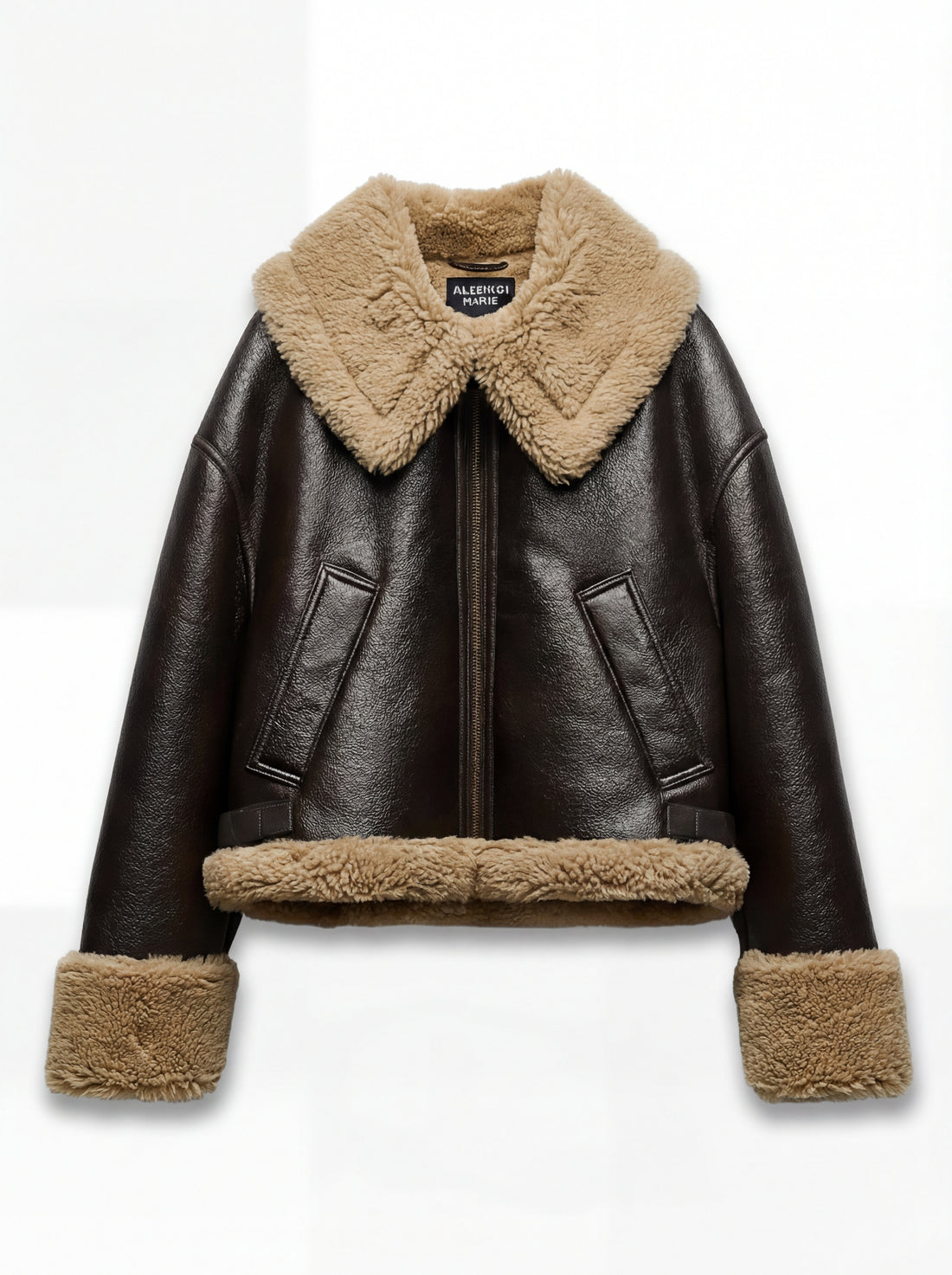 Women's brown leather shearling jacket with oversized beige fur collar and cuffs, Front View. Maverick Faye.
