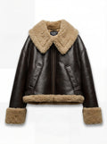 Women's brown leather shearling jacket with oversized beige fur collar and cuffs, Front View. Maverick Faye.