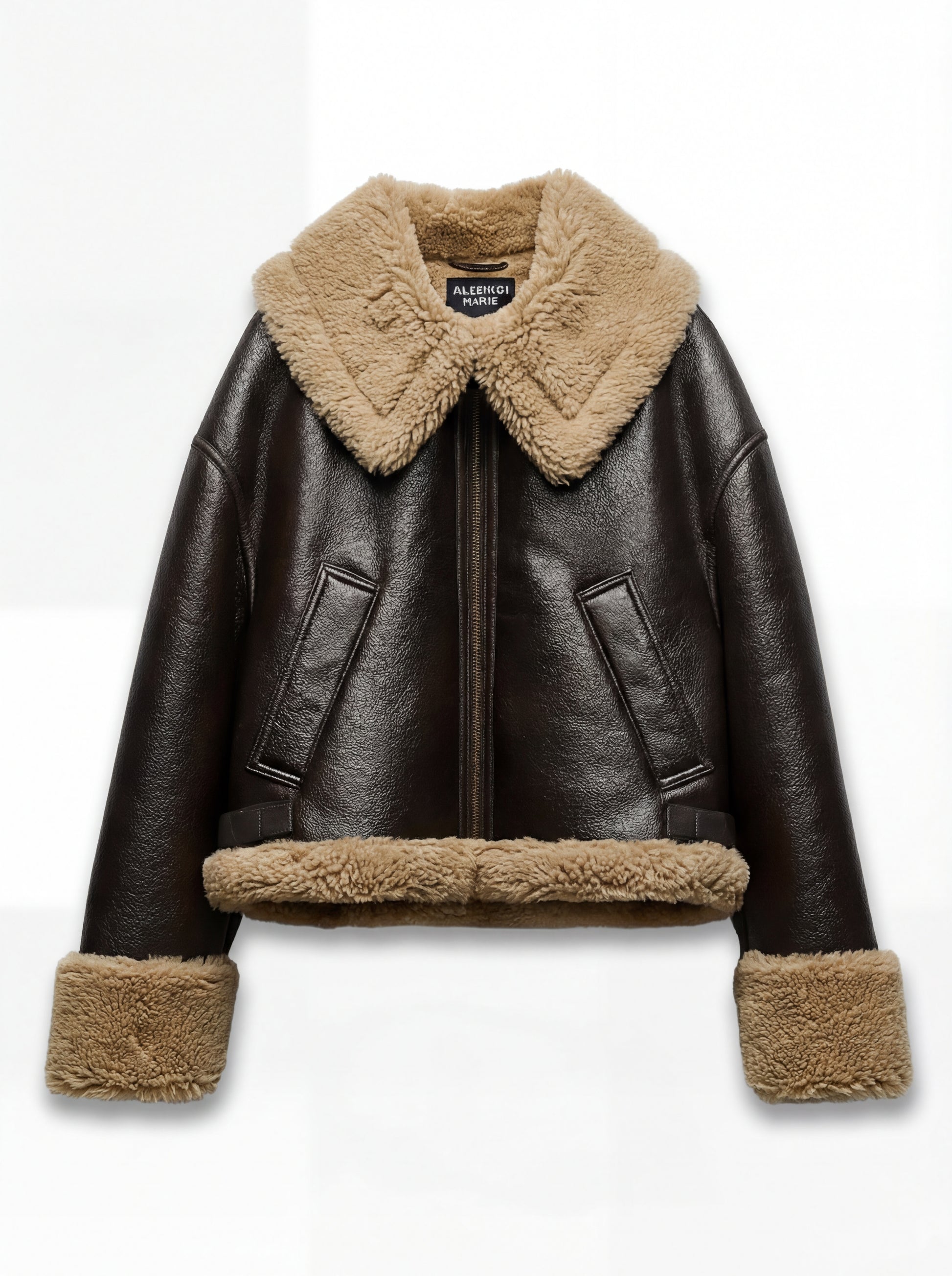 Women's brown leather shearling jacket with oversized beige fur collar and cuffs, Front View. Maverick Faye.
