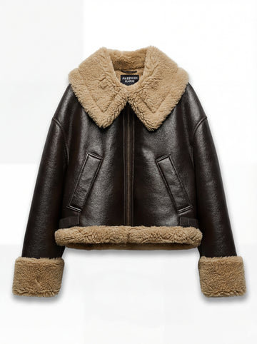 Women's brown leather shearling jacket with oversized beige fur collar and cuffs, Front View. Maverick Faye.