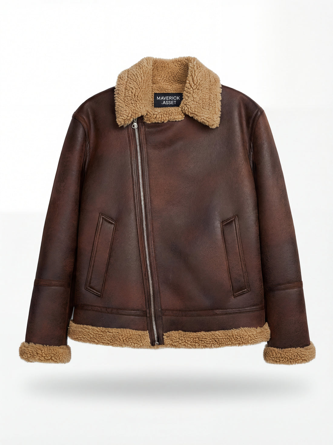 Women's brown distressed leather aviator jacket with beige shearling collar and asymmetric zipper closure, Front View. Maverick Sierra.