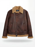 Women's brown distressed leather aviator jacket with beige shearling collar and asymmetric zipper closure, Front View. Maverick Sierra.