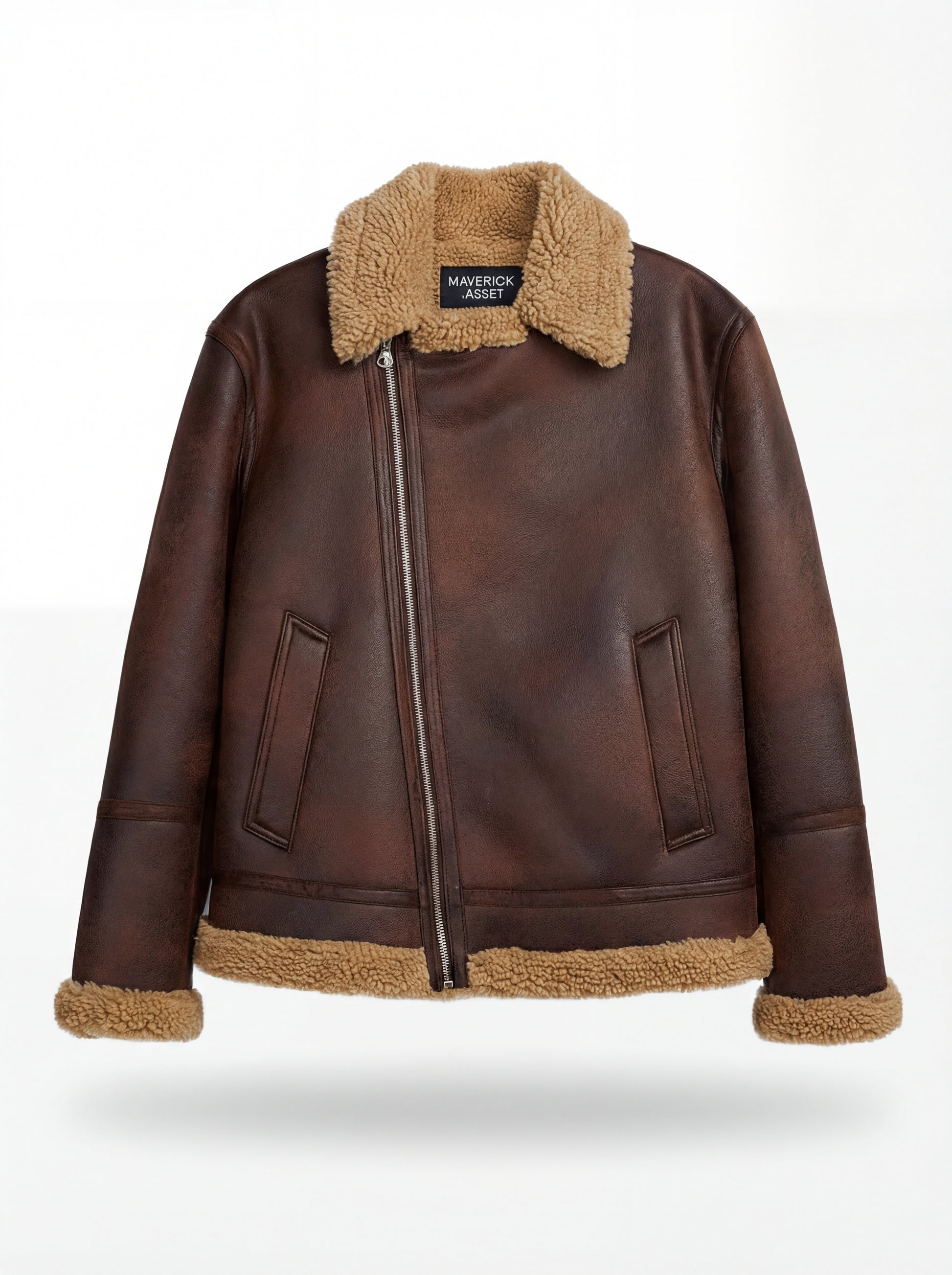 Women's brown distressed leather aviator jacket with beige shearling collar and asymmetric zipper closure, Front View. Maverick Sierra.