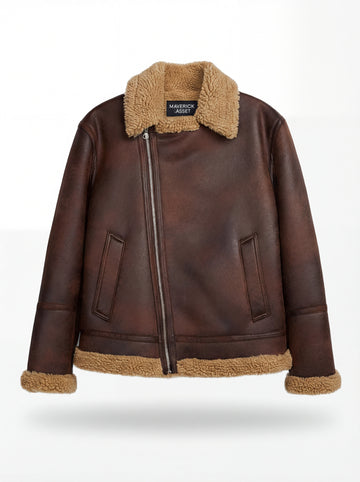 Women's brown distressed leather aviator jacket with beige shearling collar and asymmetric zipper closure, Front View. Maverick Sierra.