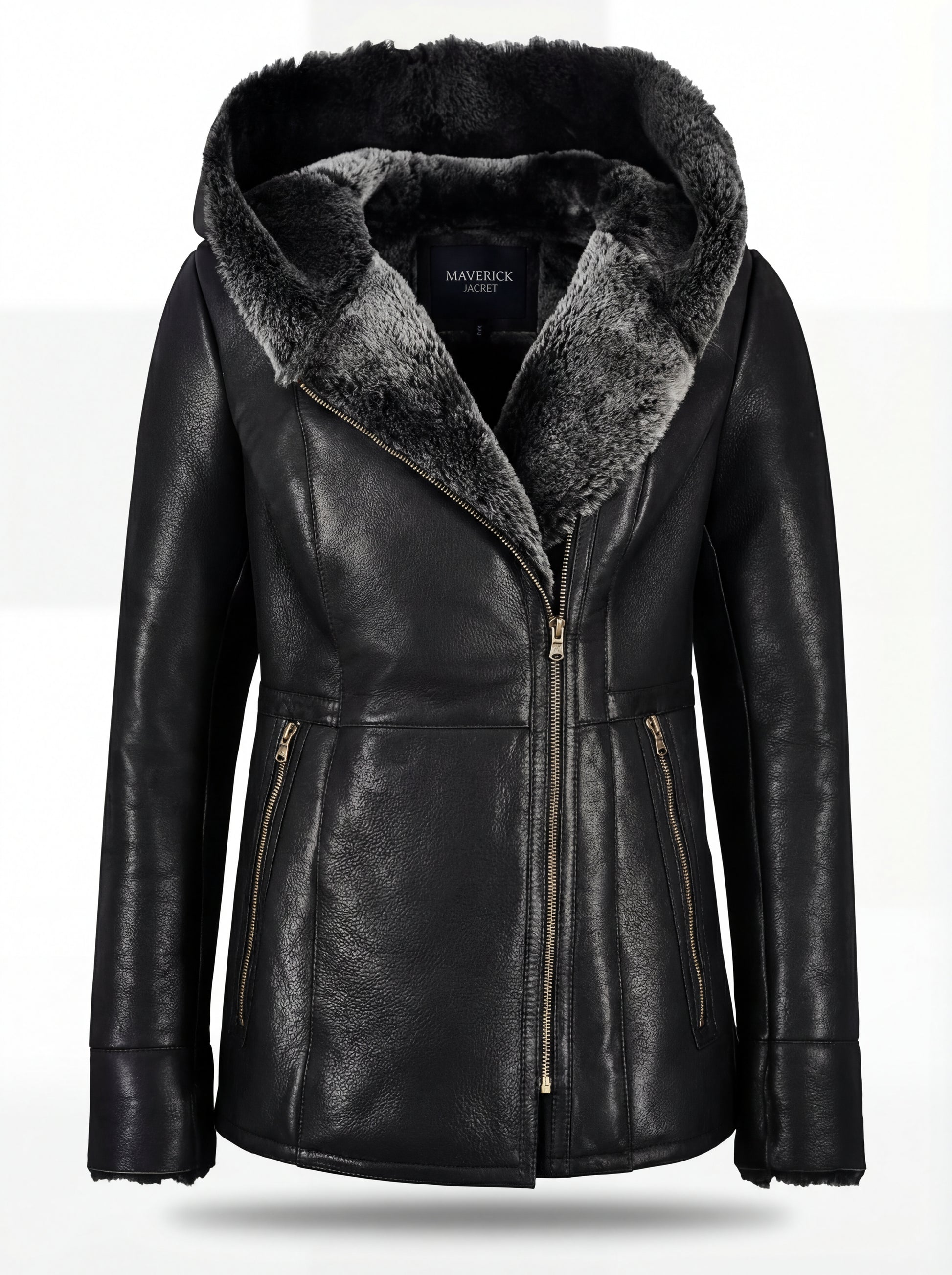Women's black leather hooded shearling coat with plush fur lining and exposed zipper cuffs, Front View. The Genevieve by Maverick Jacket.