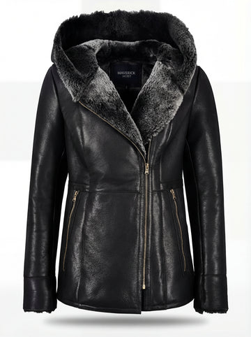 Women's black leather hooded shearling coat with plush fur lining and exposed zipper cuffs, Front View. The Genevieve by Maverick Jacket.