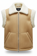Women's tan shearling vest with cream wool collar and angled front pockets, Front View. The Elle by Maverick Jacket.