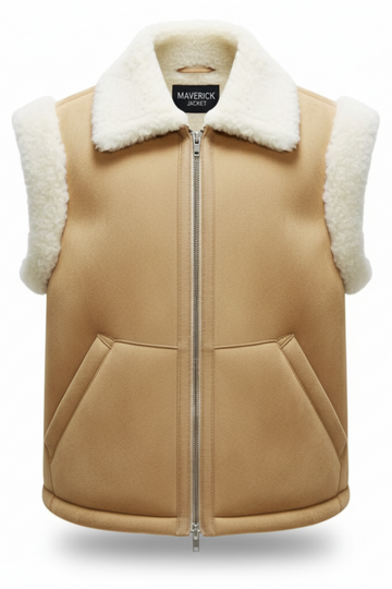 Women's tan shearling vest with cream wool collar and angled front pockets, Front View. The Elle by Maverick Jacket.