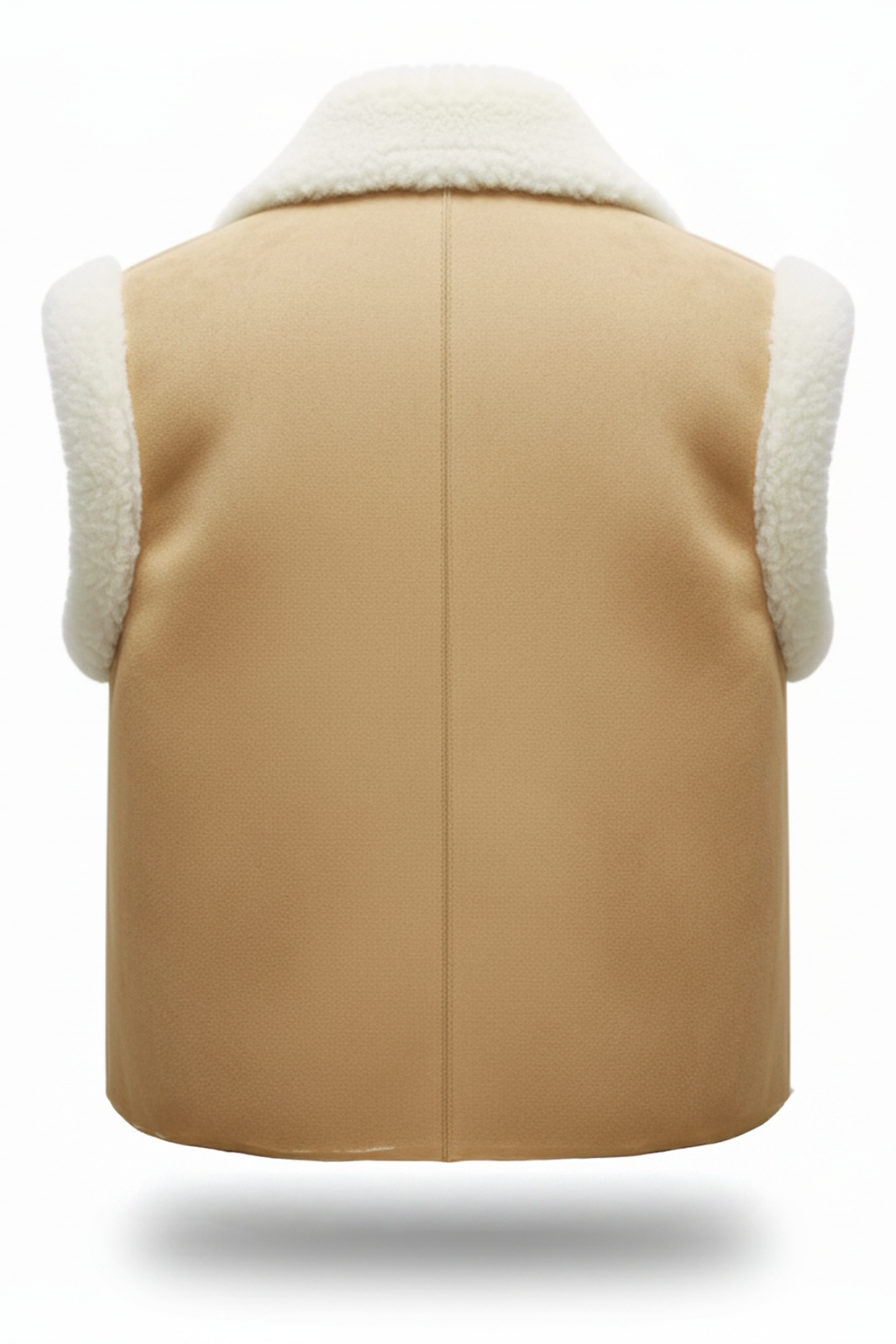 Rear view of tan shearling vest showing vertical center seam and cream wool armhole trim. The Elle by Maverick Jacket.