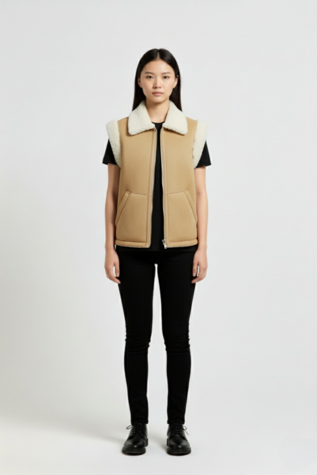Female model wearing Maverick Elle shearling vest, relaxed fit, styled with black t-shirt and black skinny trousers. Maverick Jacket.