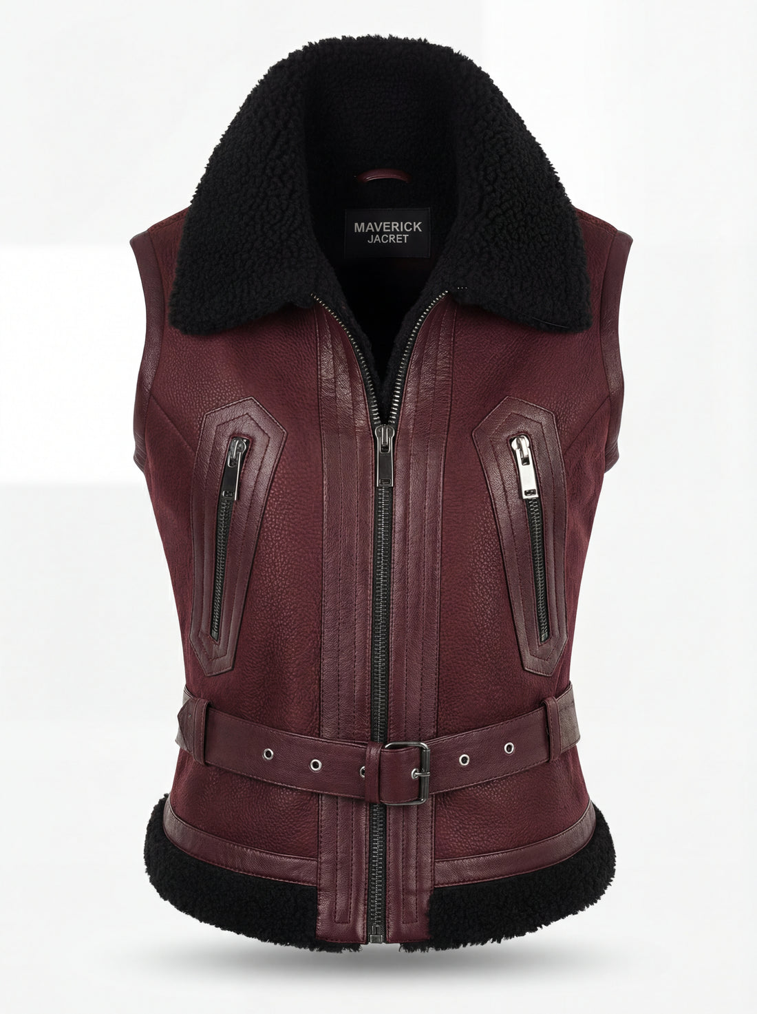 Women's burgundy shearling biker vest with black fur collar and adjustable waist belt, Front View. The Valentina by Maverick Jacket.