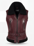 Women's burgundy shearling biker vest with black fur collar and adjustable waist belt, Front View. The Valentina by Maverick Jacket.