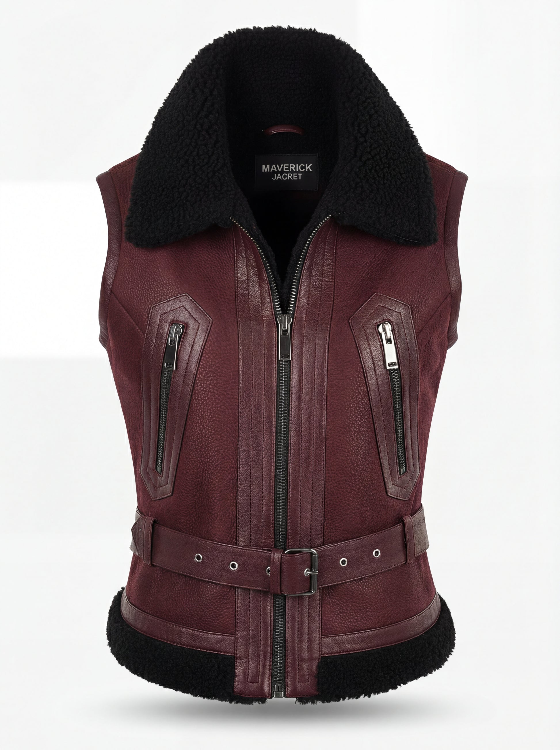 Women's burgundy shearling biker vest with black fur collar and adjustable waist belt, Front View. The Valentina by Maverick Jacket.