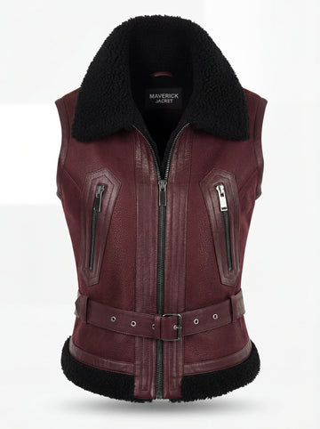 Women's burgundy shearling biker vest with black fur collar and adjustable waist belt, Front View. The Valentina by Maverick Jacket.