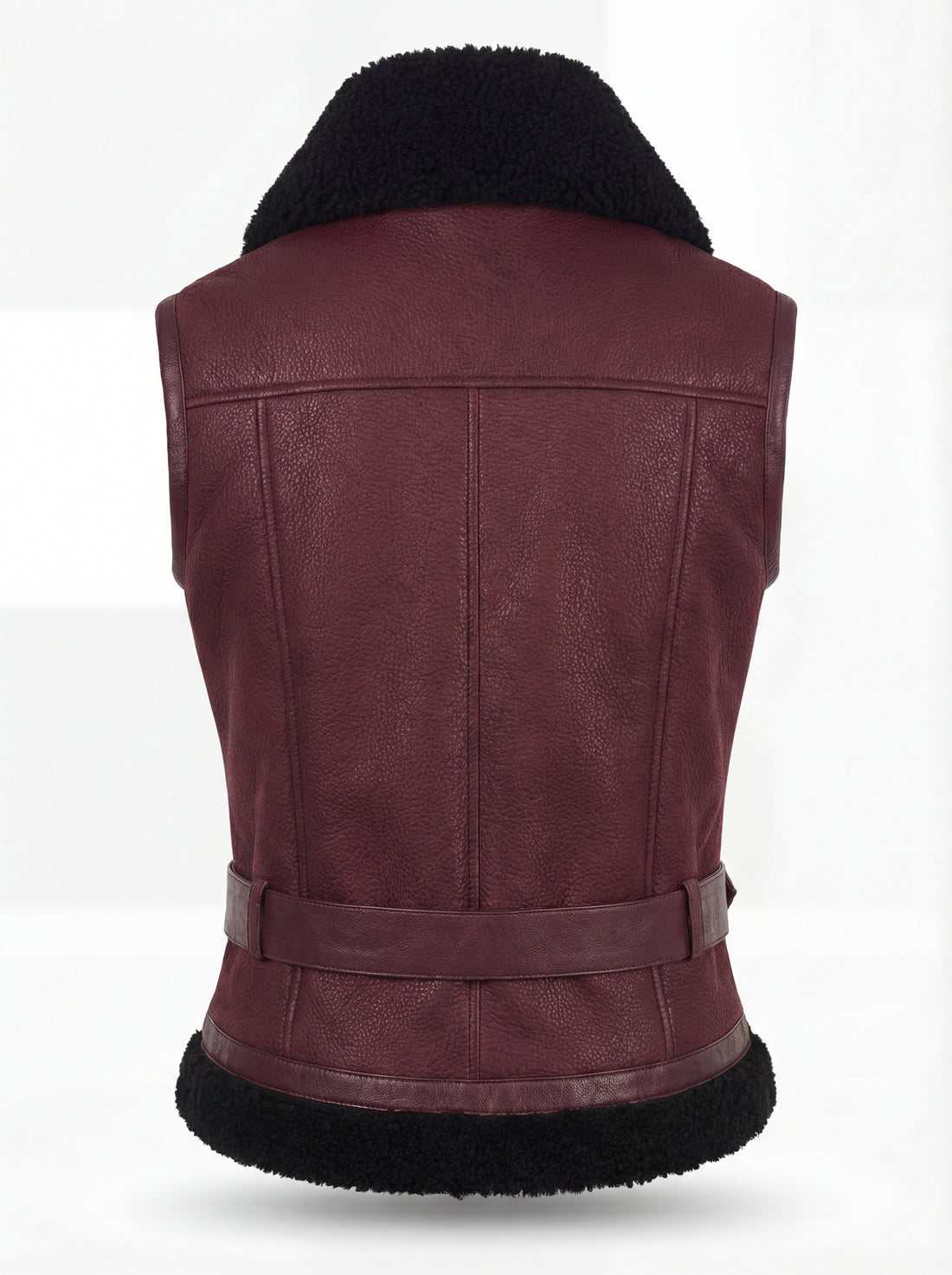 Women's burgundy shearling biker vest with black fur collar and adjustable waist belt, Front View. The Valentina by Maverick Jacket.