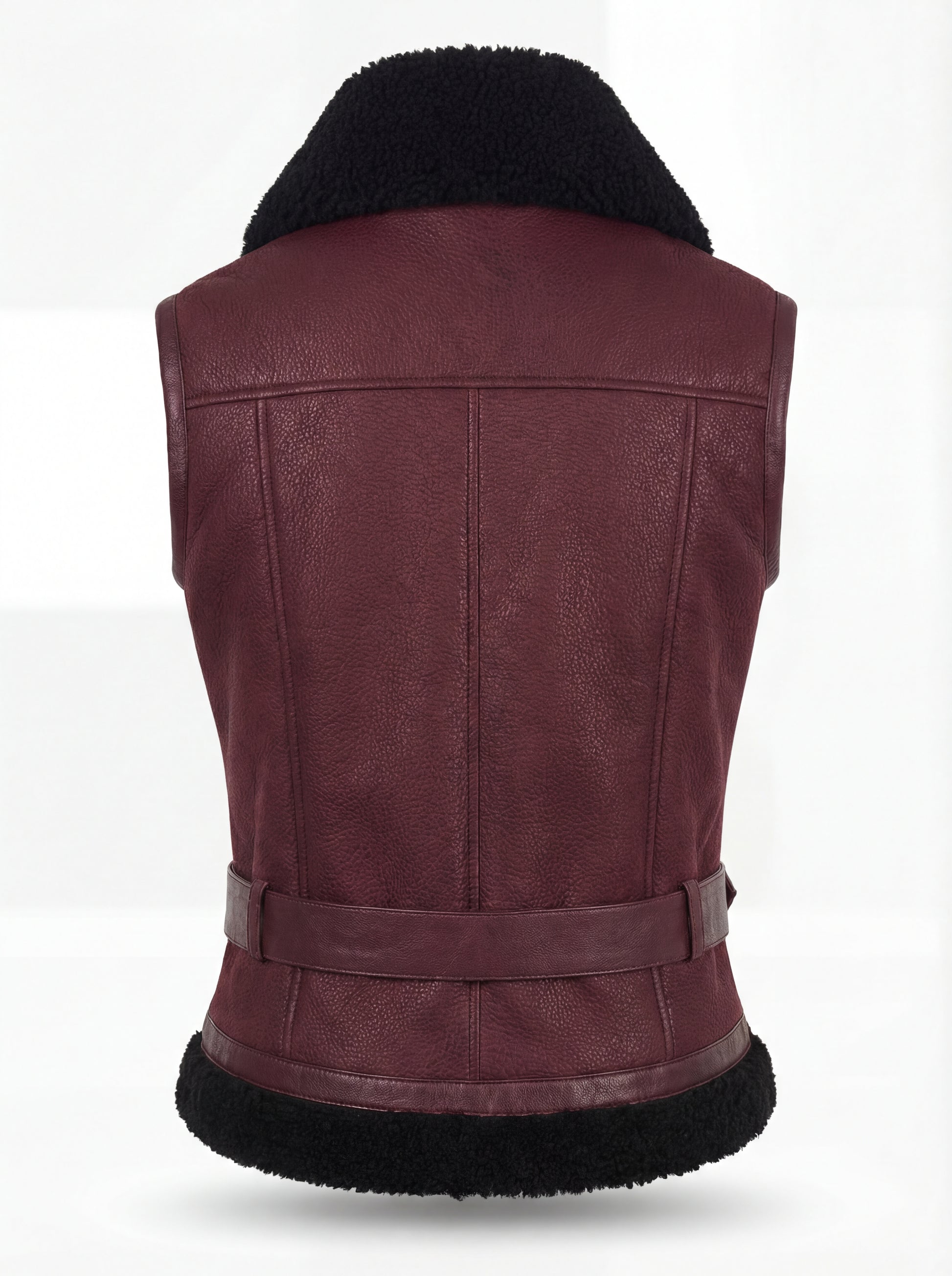 Rear view of burgundy shearling biker vest showing vertical center seam and black fur hem trim. The Valentina by Maverick Jacket.