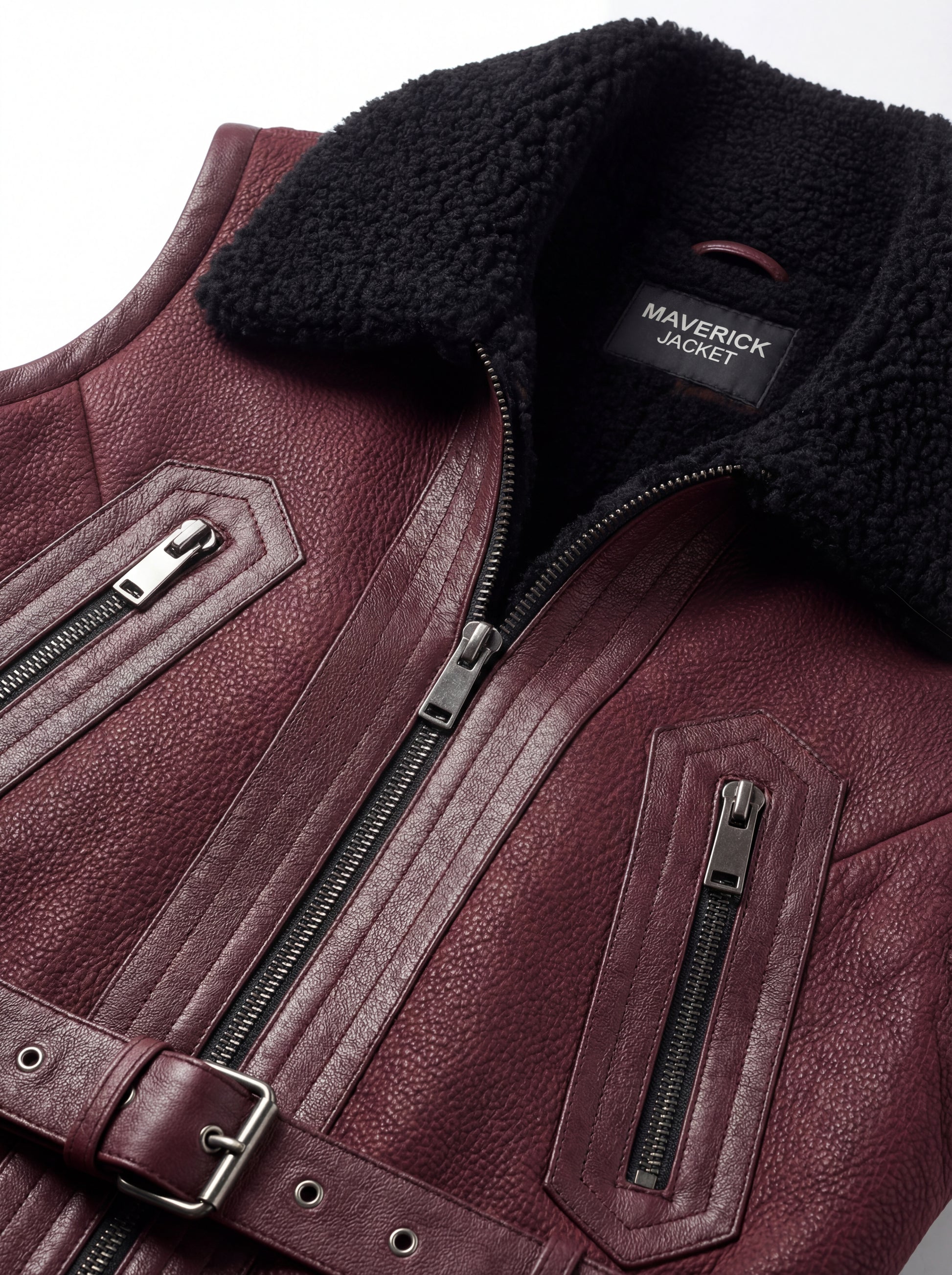 Macro shot of pebbled burgundy leather texture and heavy-duty silver zipper hardware on biker vest. The Valentina by Maverick Jacket.