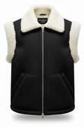 Women's black shearling vest with cream wool collar and angled front pockets, Front View. The Elle by  Maverick Jacket.