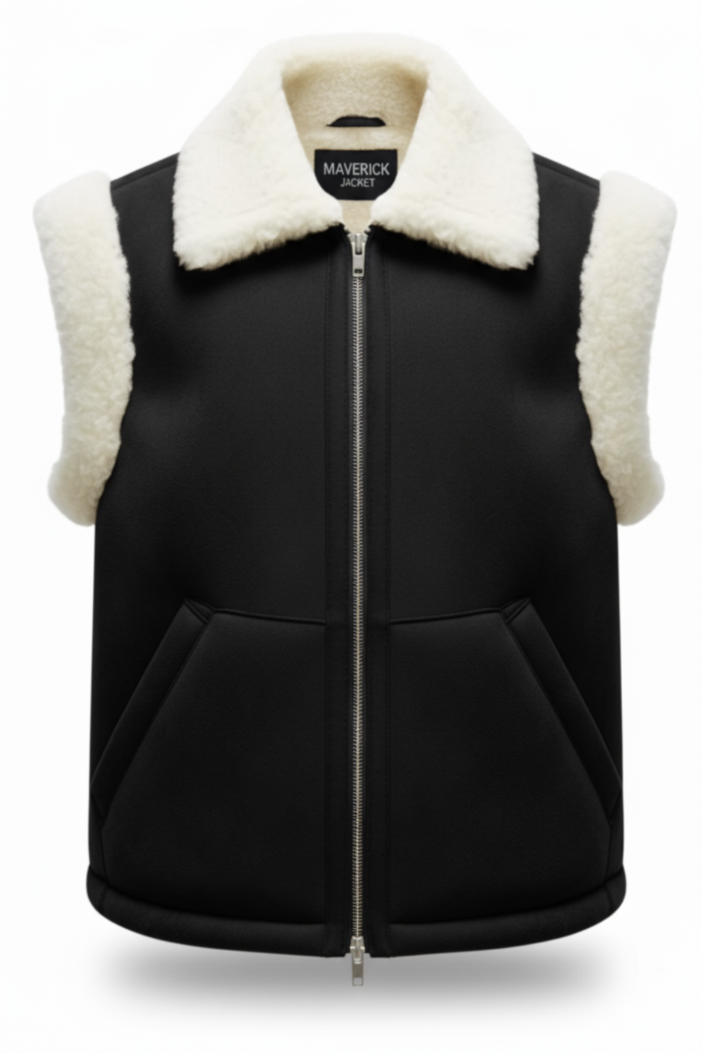 Women's black shearling vest with cream wool collar and angled front pockets, Front View. The Elle by  Maverick Jacket.
