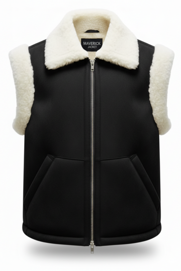 Women's black shearling vest with cream wool collar and angled front pockets, Front View. The Elle by  Maverick Jacket.