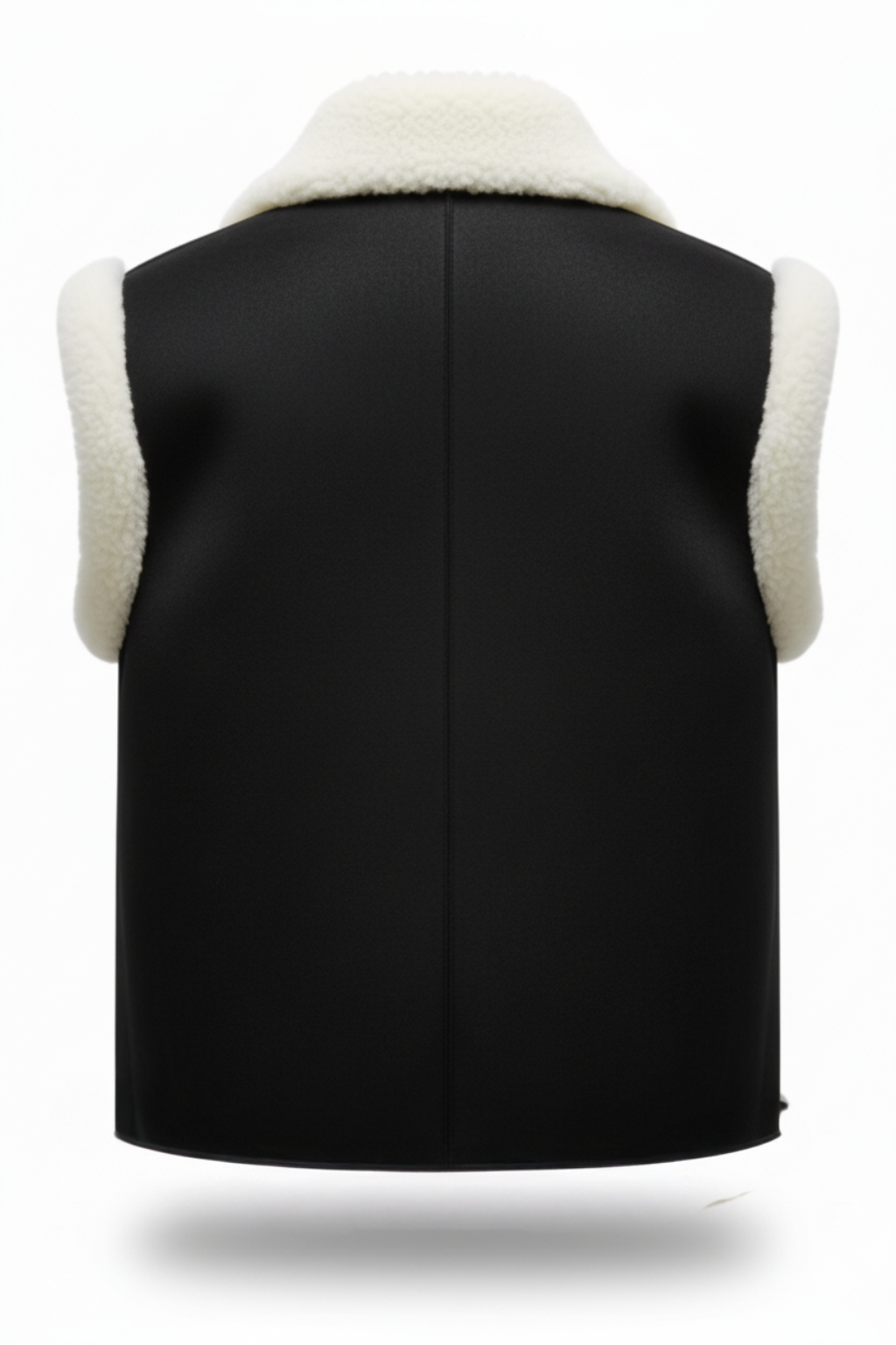 Rear view of black shearling vest showing vertical center seam and cream wool armhole trim. The Elle by  Maverick Jacket.