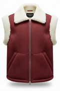 Women's burgundy shearling vest with cream wool collar and angled front pockets, Front View. The Elle by Maverick Jacket.