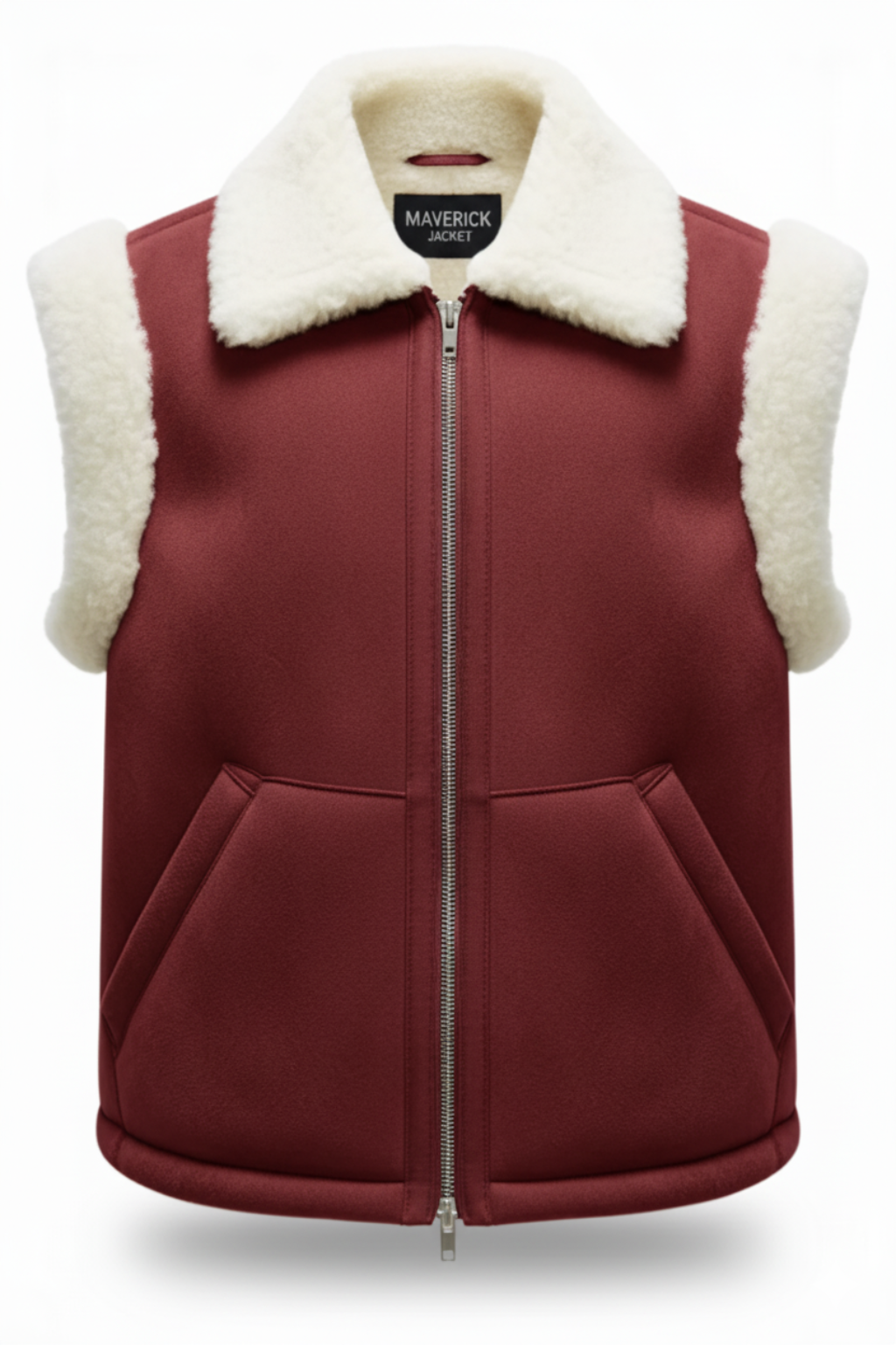 Women's burgundy shearling vest with cream wool collar and angled front pockets, Front View. The Elle by Maverick Jacket.