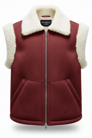 Women's burgundy shearling vest with cream wool collar and angled front pockets, Front View. The Elle by Maverick Jacket.