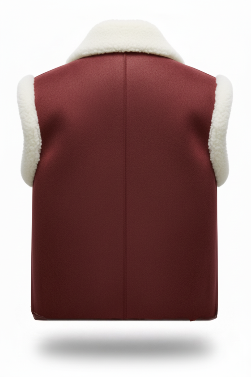 Rear view of burgundy shearling vest showing vertical center seam and cream wool armhole trim. The Elle by Maverick Jacket.